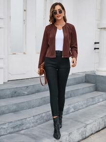 Editum Solid Color Zipper Front Jacket In Fall/Winter - Rust Brown - View 3