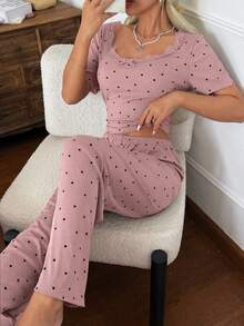 CottageSlumber Women's Ribbed Knit Pajama Set With Heart Print, Lace Trim Neckline, Sweet Fashion Casual Style, Large Scoop Neck Short Sleeve Long Pants, Suitable For All Seasons And Outdoor Wear - Dusty Pink - View 6