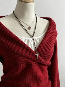 Sweetra Red Cute Sweet Casual Fashion Cold Shoulder Sexy Vintage Charming Urban Commute Pullover Sweater For Women - Red - View 4