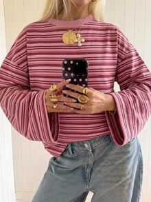 SHEIN EZwear 女款休閒圓領寬鬆長袖T恤，條紋印花，女款休閒穿搭，秋季服飾，適合日常通勤、聚會、夏季、聖誕節、新年、感恩節、派對、婚禮、海灘、出遊、約會、情人節、優雅、度假、Y2K - 彩色 - 查看 7