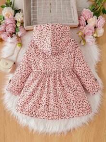 Souflis Souflis 女童冬季外套 淡粉色碎花印花保暖內裡連帽雙排扣時尚長袖夾克 適合日常休閒可愛田園風穿搭 - 粉色 - 查看 2