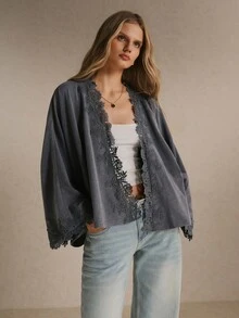 Poéselle Women's Sweet Lace Patchwork Top For Vacation And Travel,Fall Winter 2026 - Dark Grey - View 7