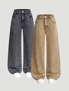SHEIN Explorewe 女童 2 件組多色百搭寬鬆直筒修身休閒寬腿牛仔褲，適合春、秋、冬，日常穿著、學校、度假、感恩節、聖誕節或返校季 - 彩色 - 查看 1