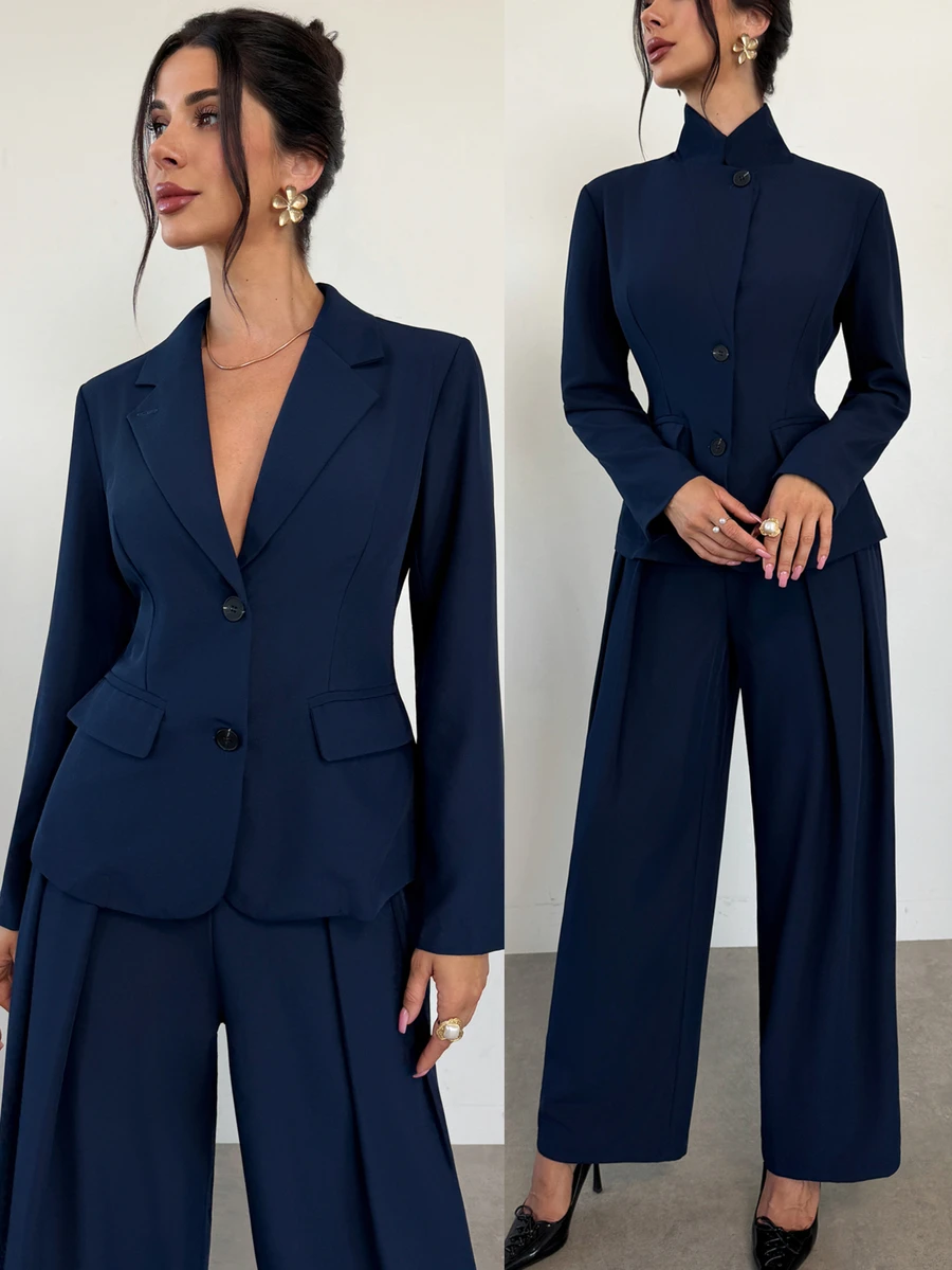 Firerie Autumn/Winter Elegant Commute Solid Navy Blue Long Sleeve Blazer & Pants Suit Set, Suitable For Office Wear, Women's Suit Set - Navy Blue - View 1