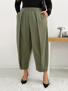 Shapeblank Women's Plus-Size Green Elastic-Waist Cropped Harem Pants – Stylish, Casual, Loose & Comfortable For Spring/Autumn,Curve Pants,Fall Outfits,Bottom - Green - View 7