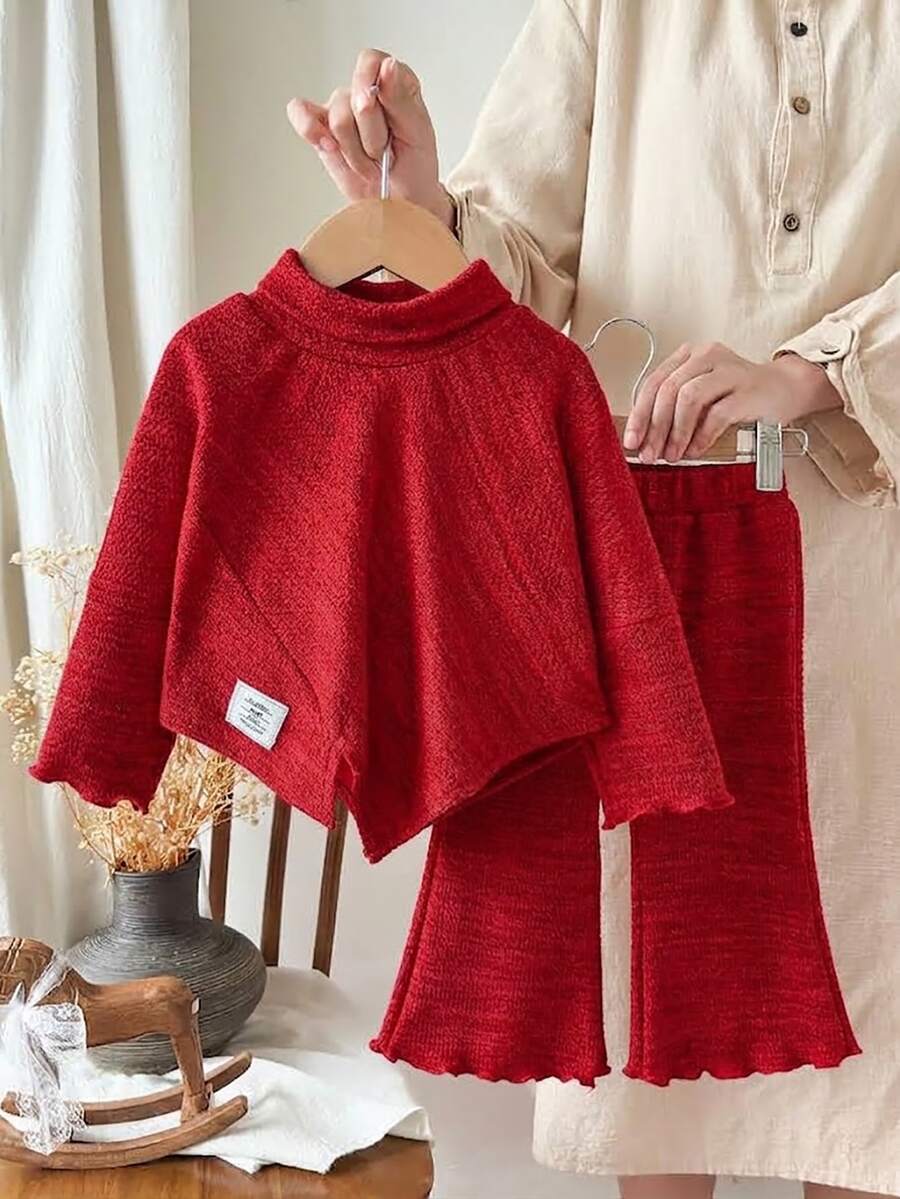 SHEIN 2Pcs Toddler Girl Top Flare Pants Cute Red Textured Knit Asymmetrical Hem Ruffle Long Sleeve Mock Neck Thick Holiday Party Fall Sweaters Set - Red - View 1