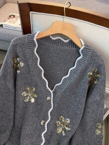 GlowEve CURVE Women's Autumn New Single Piece V-Neck Wavy Edge Machine Embroidered Sequin Floral Design Fashion Versatile Elegant Daily Commute Fitted Short Knit Button Cardigan Plus Size Top - Grey - View 4
