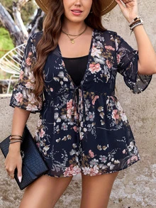 SHEIN LUNE Plus-Size Women'S Summer Flower Print Boho Lightweight Breathable Seaside Breathable Lace-Up Smock Fall - Navy Blue - View 5