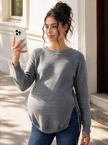 Momance Maternity Solid Color Round Neck Raglan Long Sleeve Casual Baggy Sweater Fall Formal Photoshoot Grey Winter - Grey - View 7