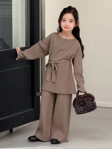 DAZY Tween Girl Crew Neck Long Sleeve Sweater And Knit Pants Set - Khaki - View 6
