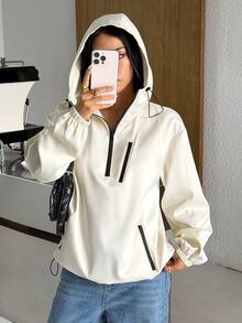 SHEIN EZwear 女款秋冬美式復古運動街頭風連帽拉鍊夾克外套 - 杏色 - 查看 8