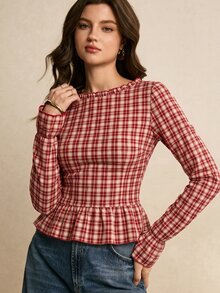 Poéselle Women's Plaid Pattern Long Sleeve Round Neck Ruffle Hem Blouse - Red - View 3
