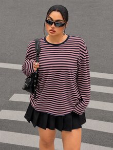 Muchica Plus Size Korean Style Minimalist Striped Colorblock Long Sleeve Crew Neck T-Shirt Fall - Multicolor - View 6