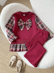 SHEIN Playful Pals (少女款)可愛藍色花卉裝飾舒適時尚拼接條紋長袖假兩件上衣與休閒喇叭褲 2件組T恤套裝 - 酒紅色 - 查看 3