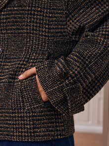 Écloséra Vintage Classic Houndstooth Pattern Dark Plaid Overcoat Loose Drop Shoulder Lapel Double Breasted Design Oversized Silhouette British Academy Style French Slouchy Chic Daily Commute Weekend Date Top Wool Overcoat Jacket - Brown - View 5