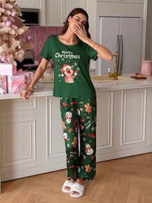 SweetSlumber Women's Round Neck Christmas Themed Print Pajama Set - Green - View 3