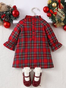 SHEIN Vintaside Kids 幼童女童聖誕格紋荷葉邊裙擺長袖蘇格蘭格子派對公主裙，附紅色格紋蝴蝶結，秋冬可愛復古風 - 紅色 - 查看 2