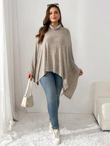 Shapeblank Women's Plus-Size Grey Cape-Style Top – Casual Lounge, Loose-Fit, Stretchy Autumn/Winter,Fall Outfits,Going Out Formal Evening Vacation - Khaki - View 5