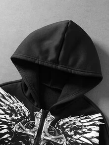 ROMWE MEN Street Life 男士十字印花長袖拉鍊休閒連帽衫 - 黑色 - 查看 3