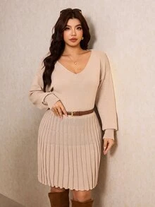 Elaquor Plus Drop Shoulder Sweater Dress Winter - Khaki - View 6