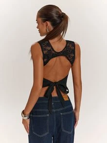 SHEIN BAE Women's Sexy Elegant Cutout Neckline Backless Twist Design Top - Black - View 2