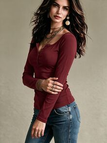 Trelyra Women's Casual Oversized Scoop Neck Button Design Long Sleeve T-Shirt - Burgundy - View 6