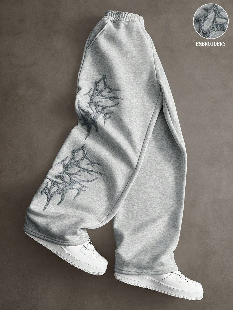SHEIN Teen Boy Elastic Waist Pocket Embroidered Pattern Versatile Sweatpants - Grey - View 1