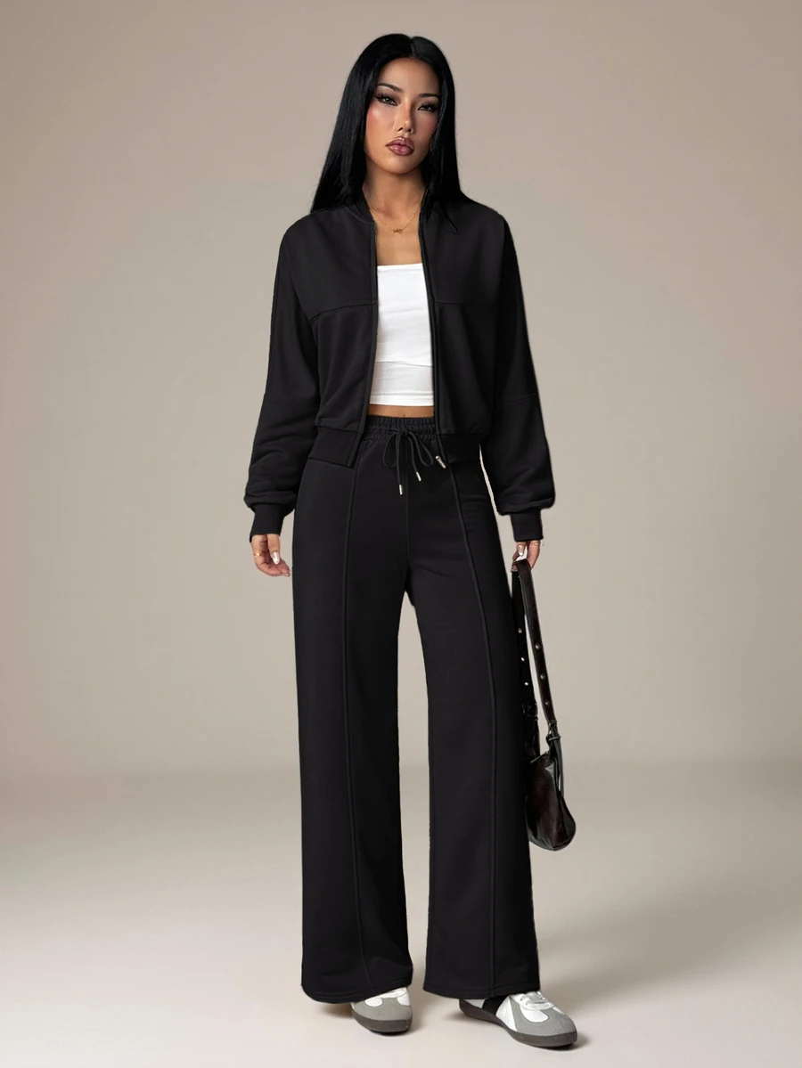 SHEIN PETITE 2pcs Women Casual Sports Jacket And High Waist Stretch Pants Set, Autumn And Winter - Black - View 1