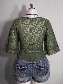 SHEIN ICON 大尺碼 Y2K 性感 V 領蕾絲拼接喇叭袖上衣 - 軍綠色 - 查看 9