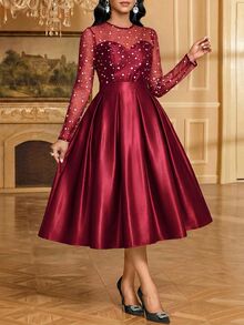 SHEIN Lady CURVE Plus Size Elegant Rhinestone Embellished Satin Patchwork Dress - Burgundy - View 3