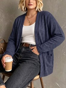 SHEIN LUNE Plus Size Fashion Vintage Pocket Long Sleeve Knit Cardigan - Blue - View 1