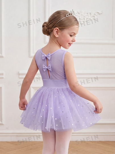 SHEIN Young Girl Cute Ballet Dance Studio Leotard Shiny Mesh Competition Beach Bow Hollow Back Design Tutu Skirt Sportswear 7th Birthday Baby Purple Fall