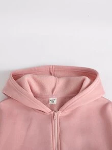 SHEIN 兒童青少年女孩秋冬款寬鬆休閒極簡舒適日常街頭風粉色抓絨內裡加厚貼袋前開襟拉鍊連帽衛衣外套，蝴蝶結裝飾袖口＋大廓形直筒運動長褲 2件套，返校穿搭，日常穿著 - 粉色 - 查看 6