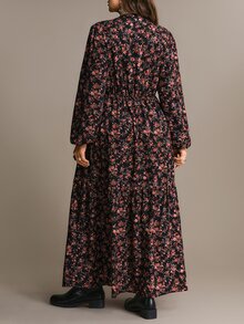 Freevana 女款大尺碼黑色洋裝，碎花圖案，蕾絲細節，長燈籠袖，優雅休閒適合外出，秋冬女裝 - 黑色 - 查看 2
