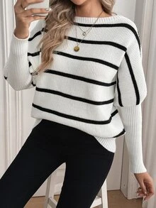 Sprig & Strand Women's Boat Neck Petal Sleeve Striped Two-Tone Sweater - Black and White - View 3