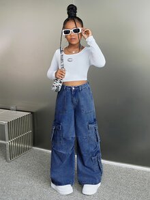 SHEIN Girlism Celana Jeans Denim Kargo Longgar dengan Kancing dan Kantong untuk Anak Perempuan Remaja - Dark Wash - View 5