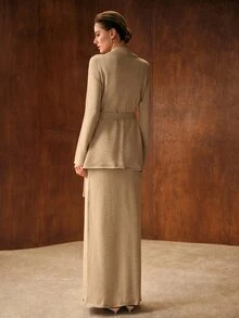 MOTF PREMIUM AUTUMN/WINTER WOMEN'S KHAKI SWEATER 2 PIECES SET ELEGANT - Khaki - View 4