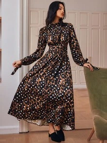Écloséra Gaun Panjang Wanita Motif Polkadot dan Cetak Hewan, Bahan Stretch Empat Arah, Kerah Pita, Depan Berkerut - MultiWarna - View 6