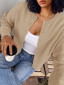 SHEIN BASICS 女款時尚羅紋鈕扣長袖針織開襟衫 - 卡其色 - 查看 5