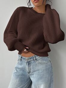 SHEIN BASICS Plus Size Streetwear Retro Long Sleeve Knit Top For Daily Wear - Coffee Brown - View 4