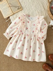 SHEIN Vintaside Kids 03T Baby Girl Floral Print Long Sleeve Dress, Ruffle Shoulder Front Button Down Toddler Dress, Spring Autumn Casual Infant Outfit - White - View 1