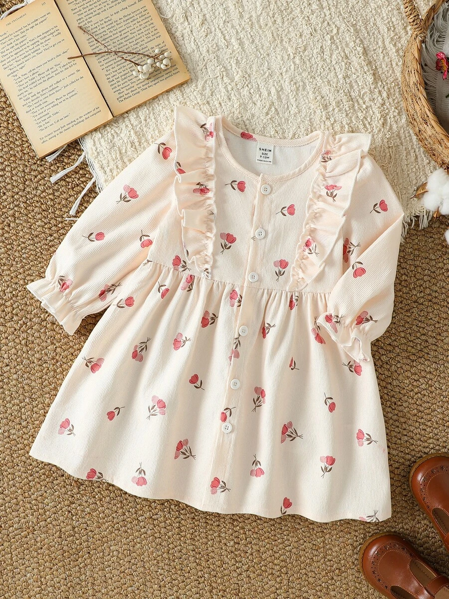 SHEIN Vintaside Kids 03T Baby Girl Floral Print Long Sleeve Dress, Ruffle Shoulder Front Button Down Toddler Dress, Spring Autumn Casual Infant Outfit - White - View 1
