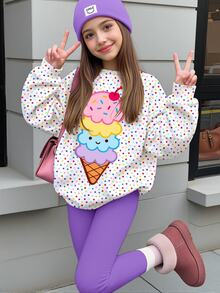 青少年女孩可愛卡通冰淇淋圖案、彩色波點印花、甜奶油風格圓領長袖衛衣與內搭褲兩件套，適合秋冬穿著，圖案設計、舒適保暖、女孩套裝、Y2K、復古、Kawaii - 白色 - 查看 1