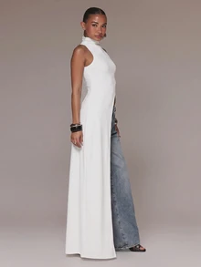 MUSERA High Neck Asymmetric Cut Out Side Draped Maxi Length Long Sleeveless Top Cute Sexy Holiday Spring - White - View 3