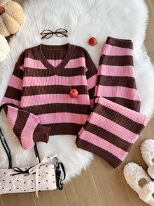 Tween Girl Autumn/Winter Fashion Pattern Jacquard Knit Sweater Long Sleeve Pullover & Long Pants Set - Multicolor - View 1