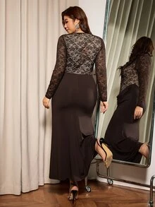 Elaquor Women's Plus Size Lace Trim Mermaid Hem Dress - Coffee Brown - View 2