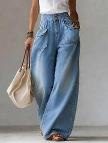 LUMIGAL Plus Size Women's Loose Wide Leg Casual Denim Jeans With Pockets - Blue - View 3