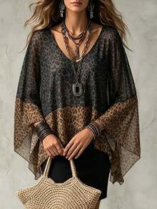 Glimmora Leopard Print Patchwork V-Neck Chic Fashionable Versatile Top Suitable For Dates, Vacations, Parties, Daily Outings, Gatherings, Outdoor Activities - Black - View 7