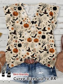 SHEIN CURVE+ Plus Size Women's Halloween Pumpkin Print Flutter Sleeve Blouse - White - View 1