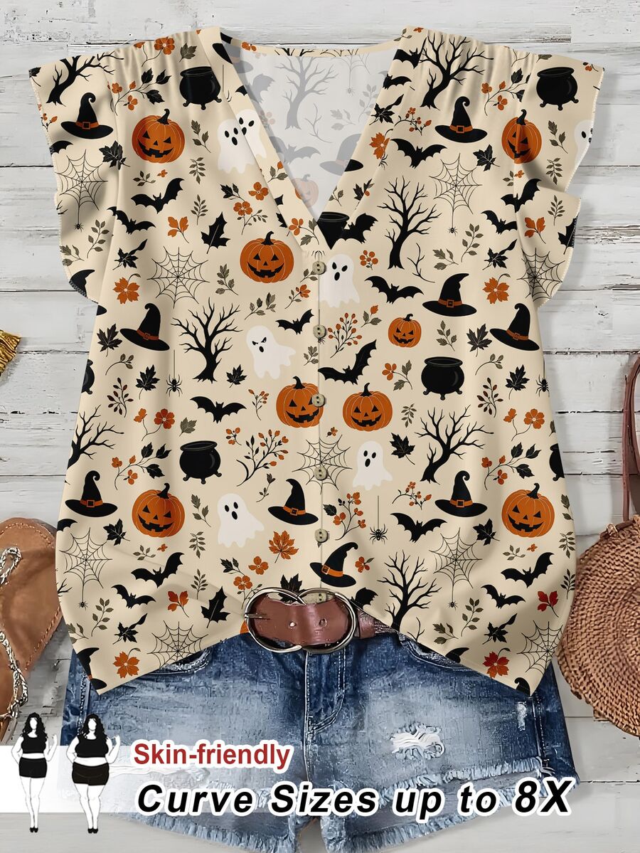 SHEIN CURVE+ Plus Size Women's Halloween Pumpkin Print Flutter Sleeve Blouse - White - View 1